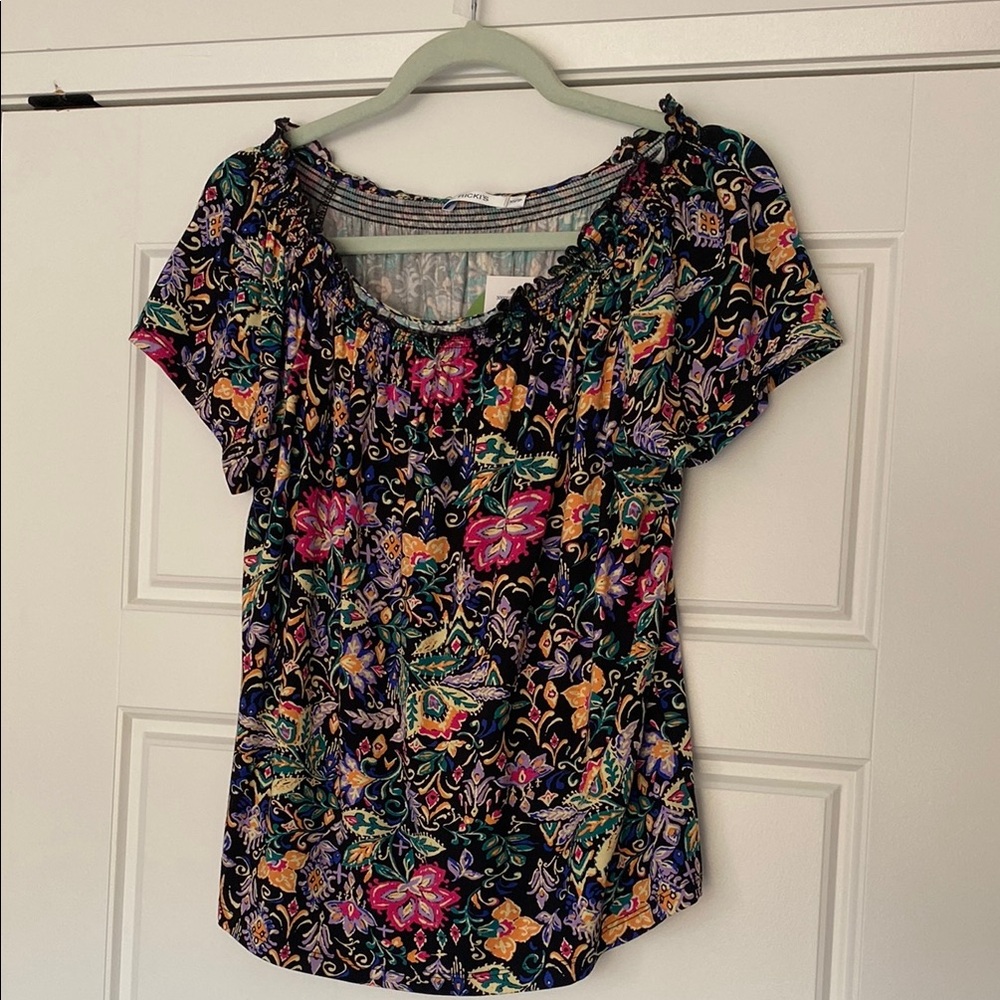 Floral Multicolor Short Sleeve Top Ricki’s  can be worn on or off the shoulder